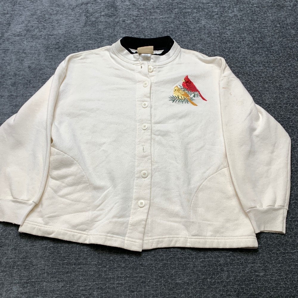 Vintage Morning Sun Top Stitch Cardigan Sweatshirt Womens L White Cardinal Birds